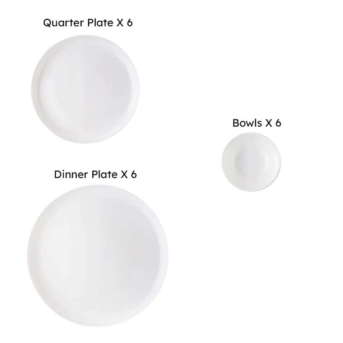 White quarter plates, dinner plates and bowls arranged on a white background