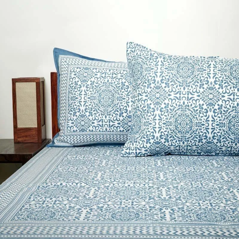 Anvi Ethnic Printed Cotton Bedsheet (Blue) - 120 TC media 4