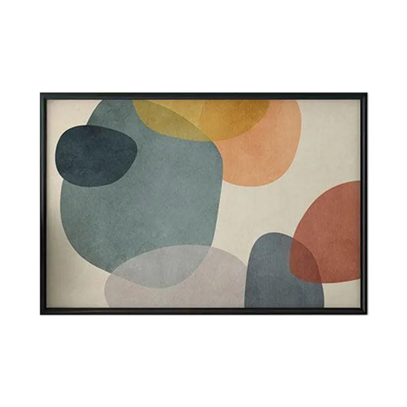 Front view of a black-framed abstract geometric wall painting on a plain white background