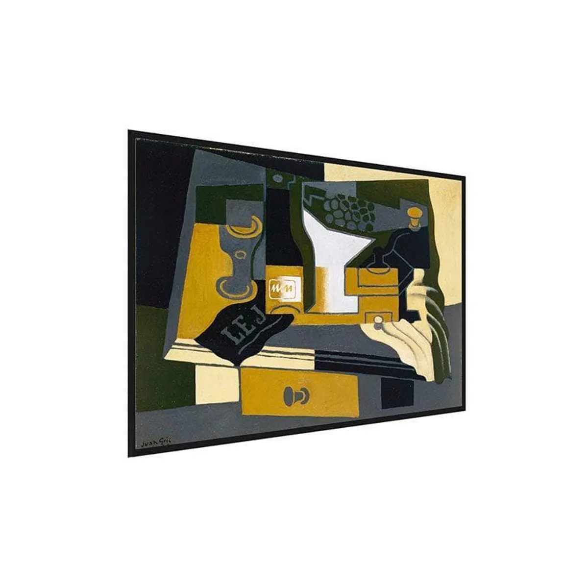 Angled view of an abstract black-framed wall painting on a white background