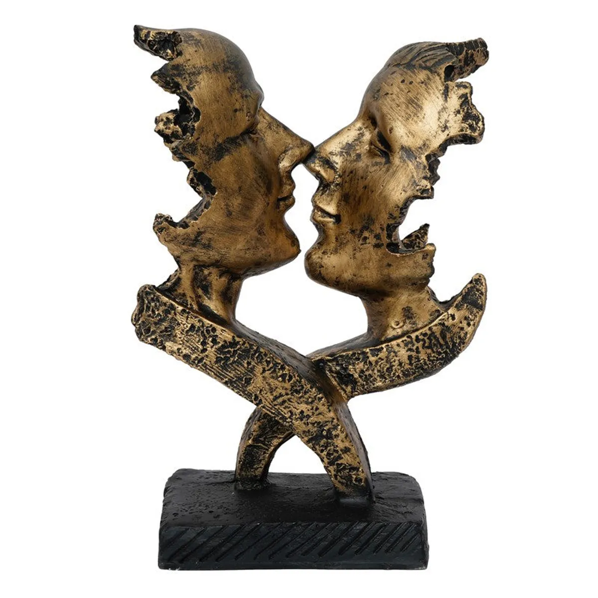 Front view of a gold-toned abstract resin face showpiece with black base