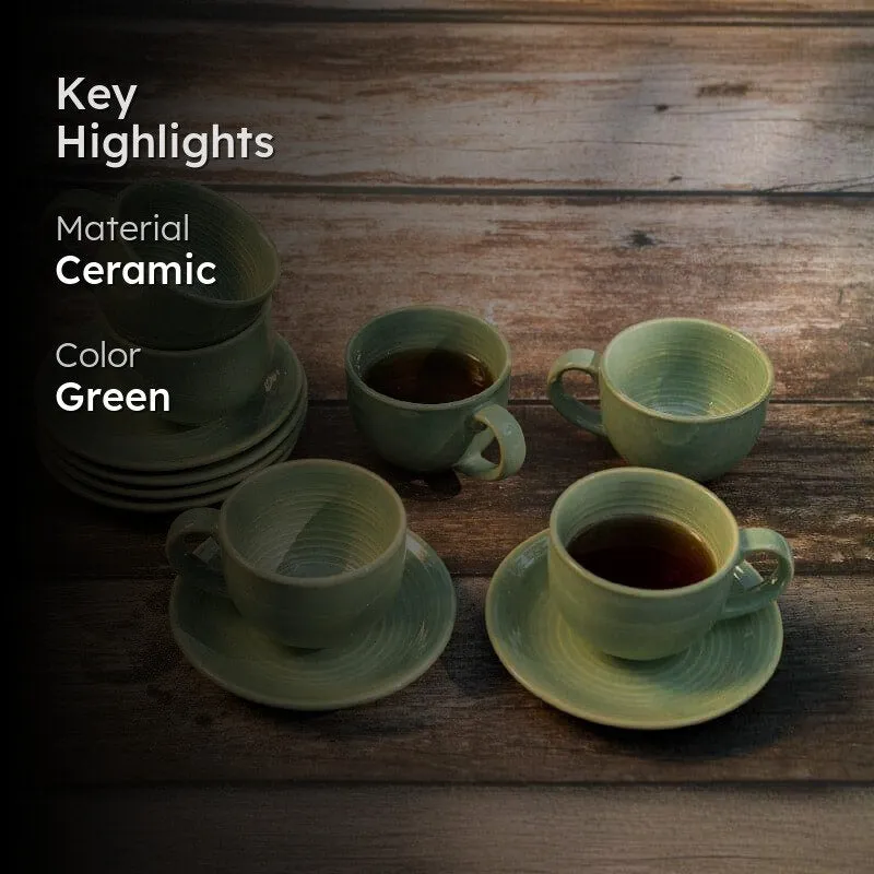 Pinecrest Green Ceramic Tea Cup & Saucer Set - Elegant Set of Six media 2