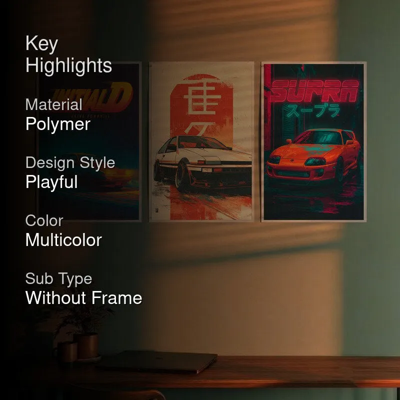 Three car posters on a wall with highlight text overlay