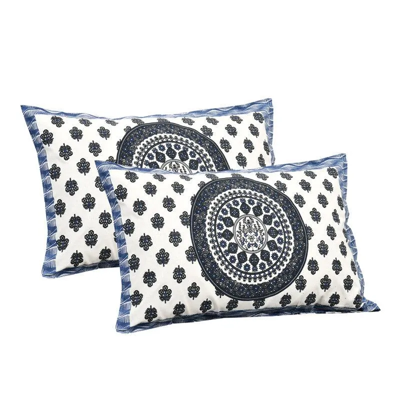 Aavani Ethnic Cotton Flat Bedsheet (White & Blue) - 160 TC media 6