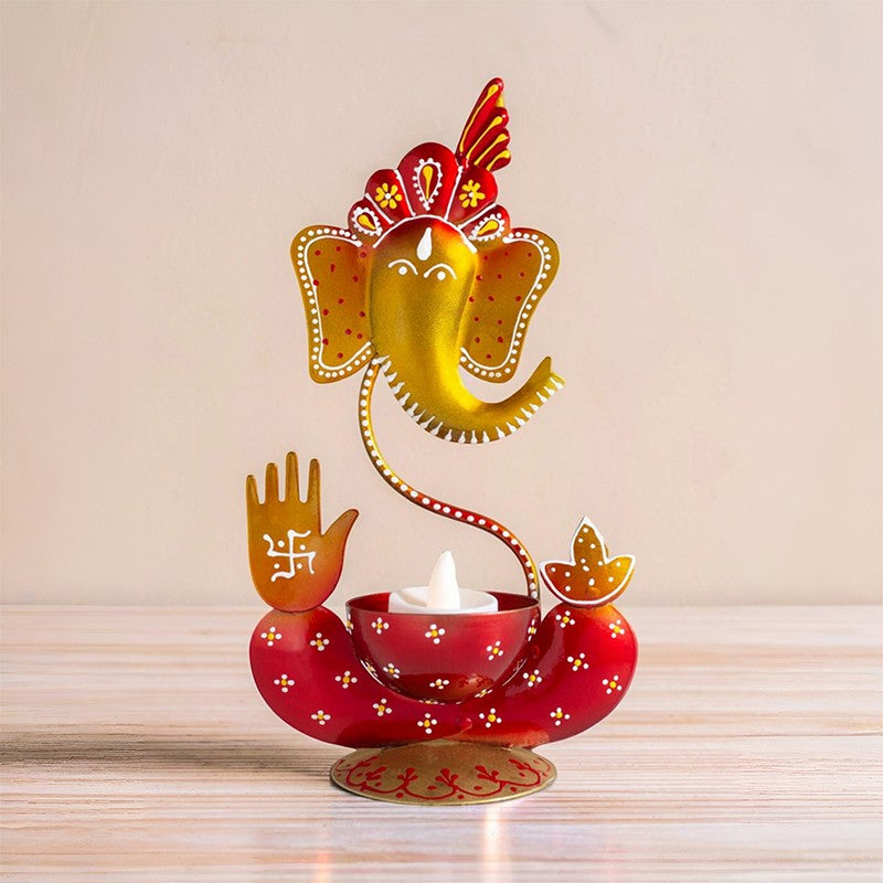 Vigneshwara Handpainted Tea Light Candle Holder - Red media 5