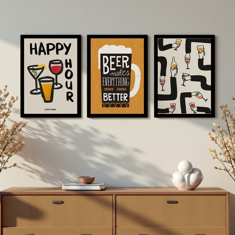 Happy Hour Paper Wall Painting With Frame - Set Of Three