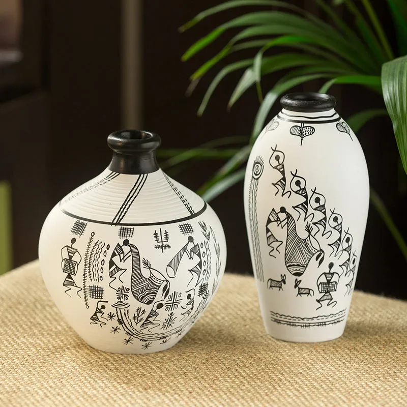 Baraka Warli Handpainted Vase - Set Of Two media 1