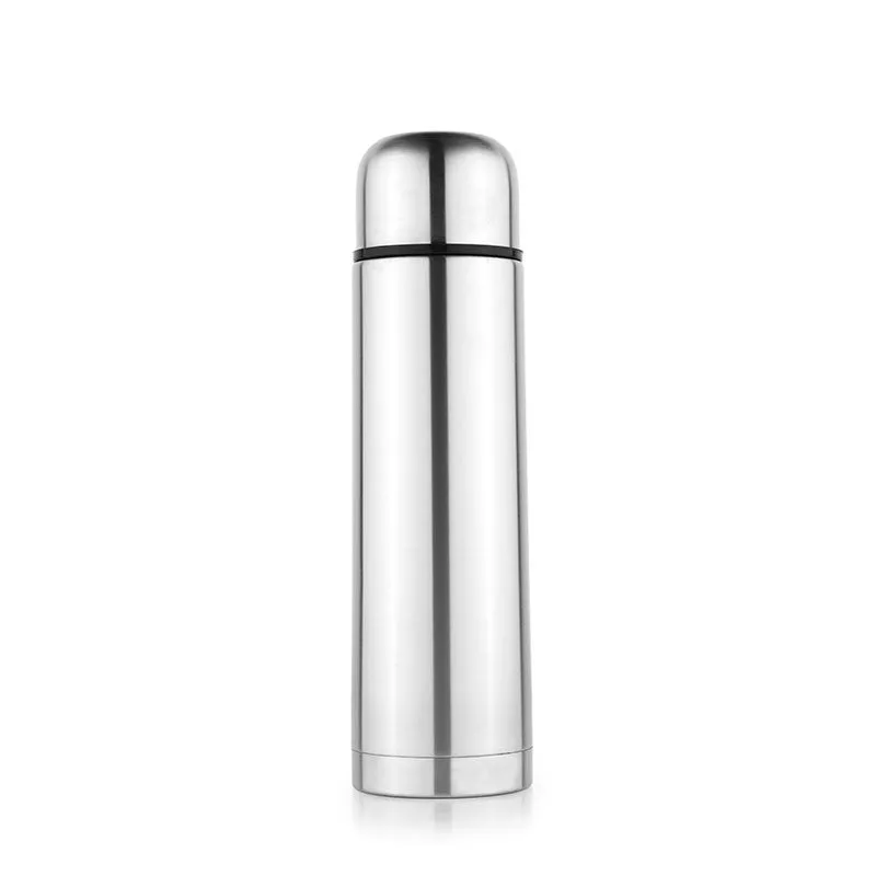 Single silver cylindrical steel bottle on a plain background