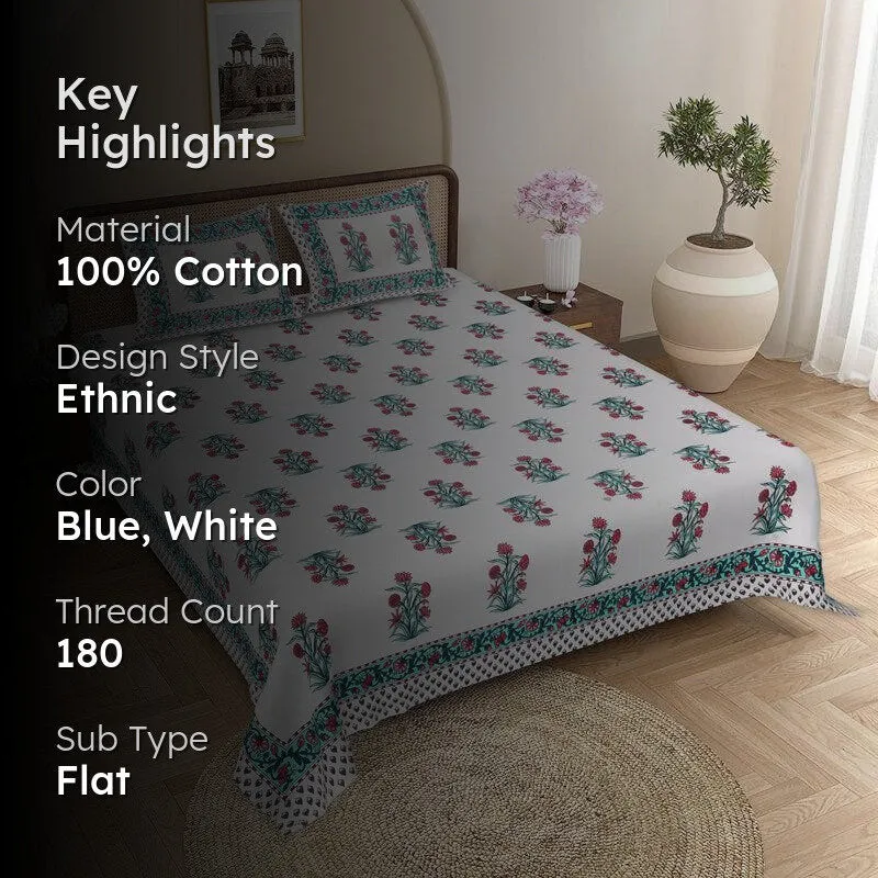 Rajasthani Ethnic Cotton Bedsheet (Blue,White) - 180 TC media 2