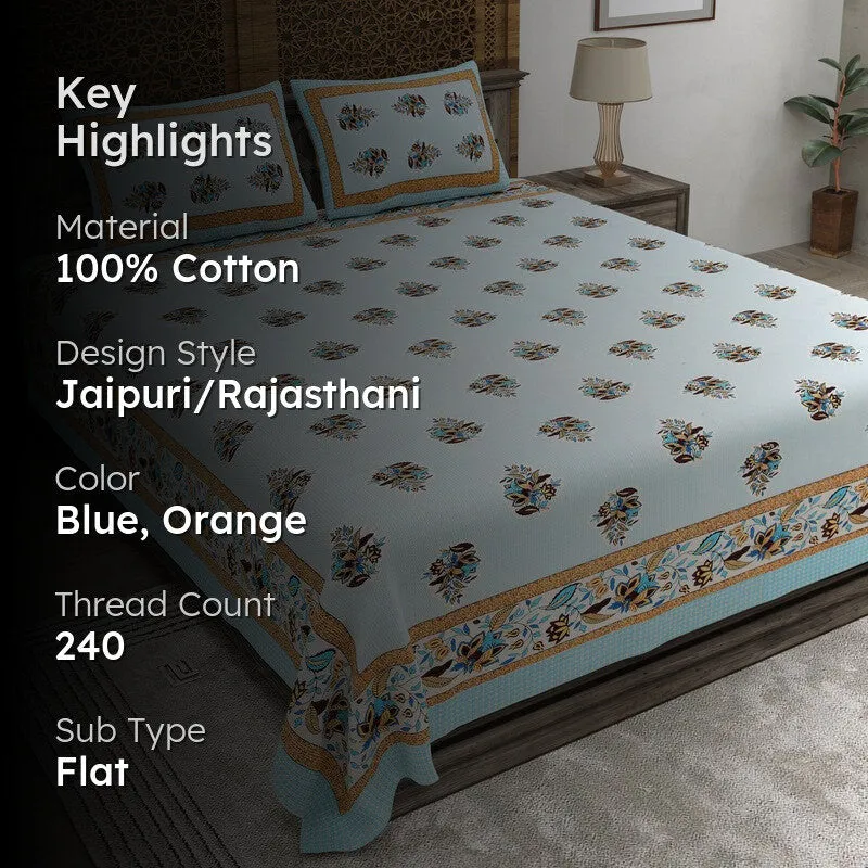 Royalra Cotton Bedsheet (Blue,Orange) - 240 TC media 2