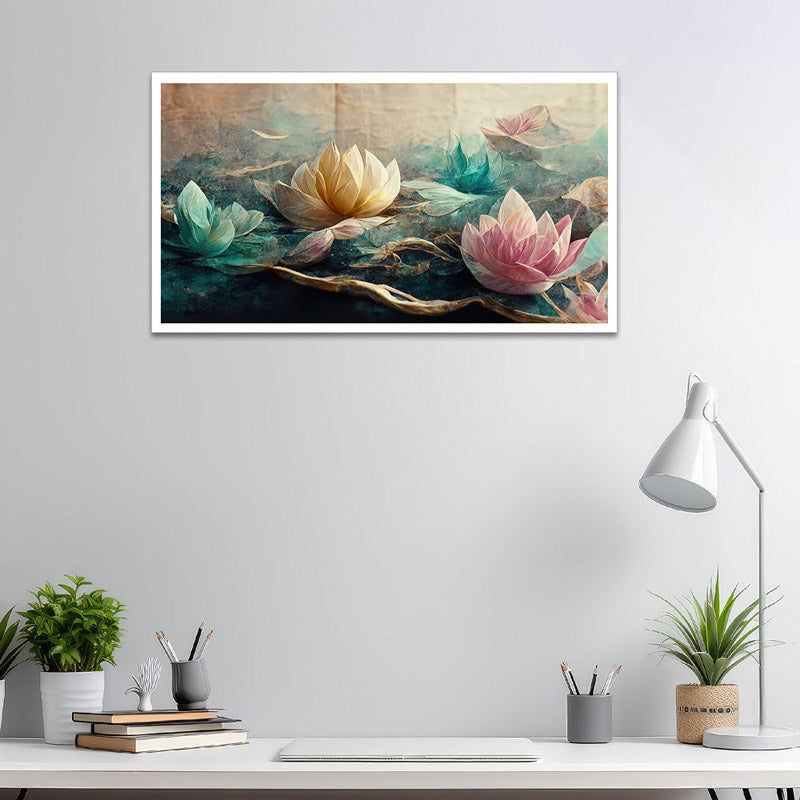 Lotus Gardenia Floral Wall Painting With Frame
