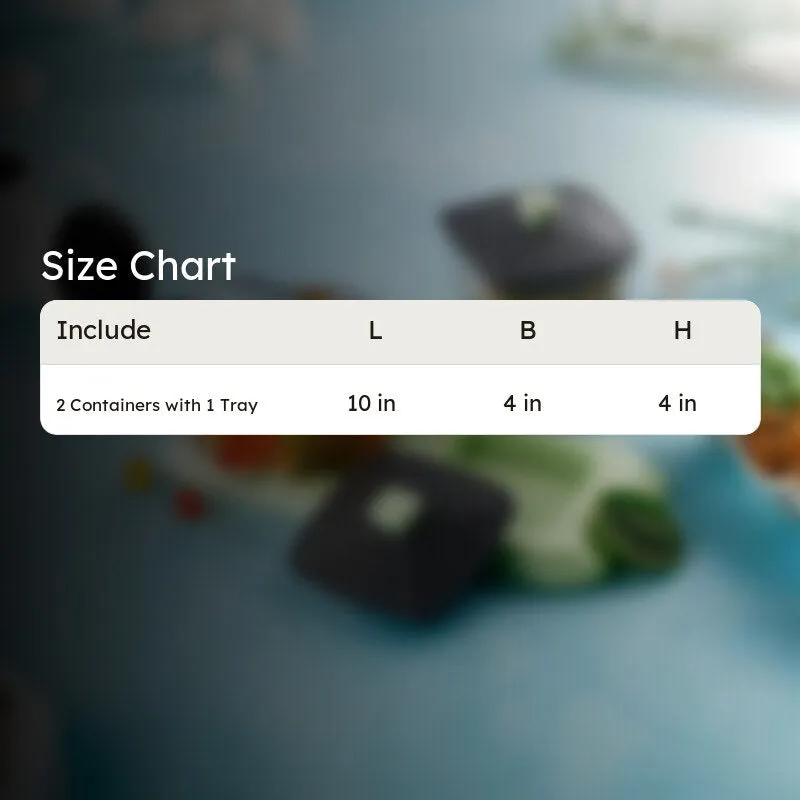 Storage container set and mint tray shown in a size-chart layout.