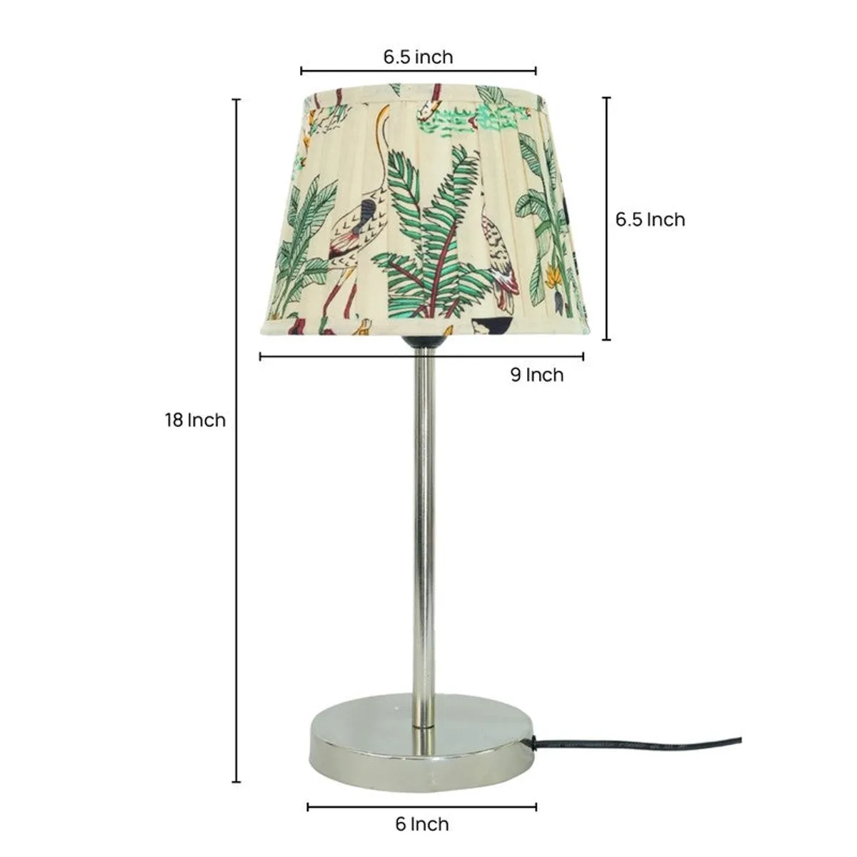 Table lamp with tropical print shade and slim metal base shown with dimension markings