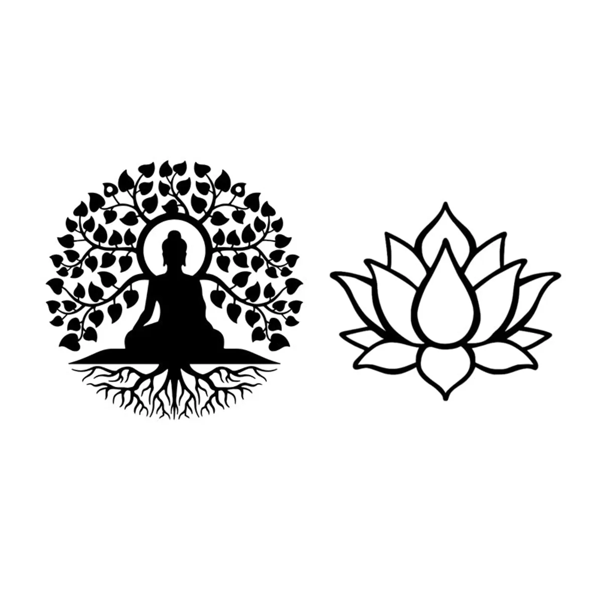 Black Buddha tree and lotus wall accents shown side by side on a white background.