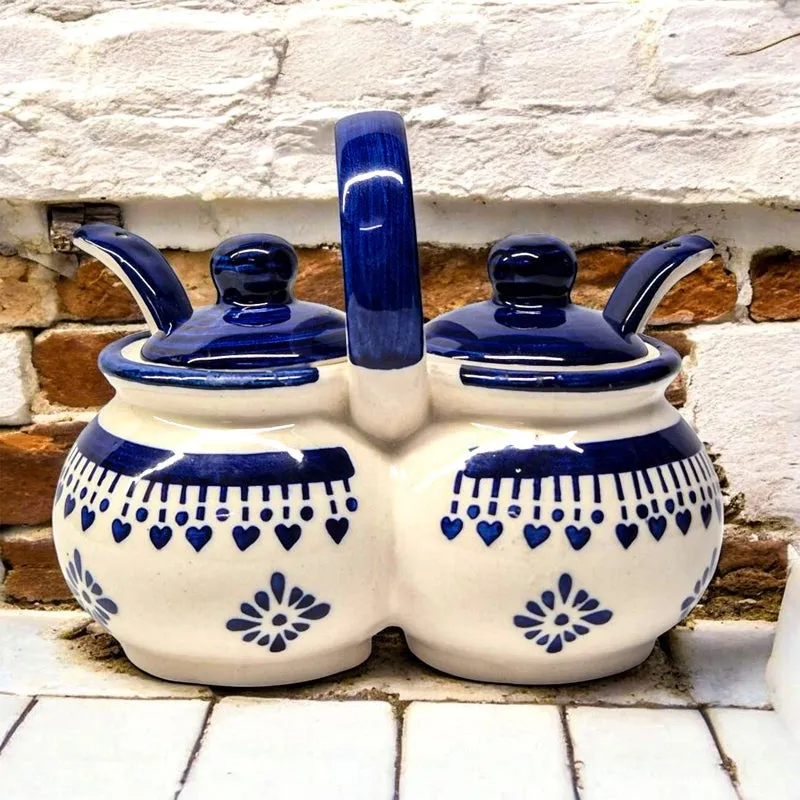 Ambar Ceramic Condiment Jar With Spoon (Blue) - 200 mL media 1