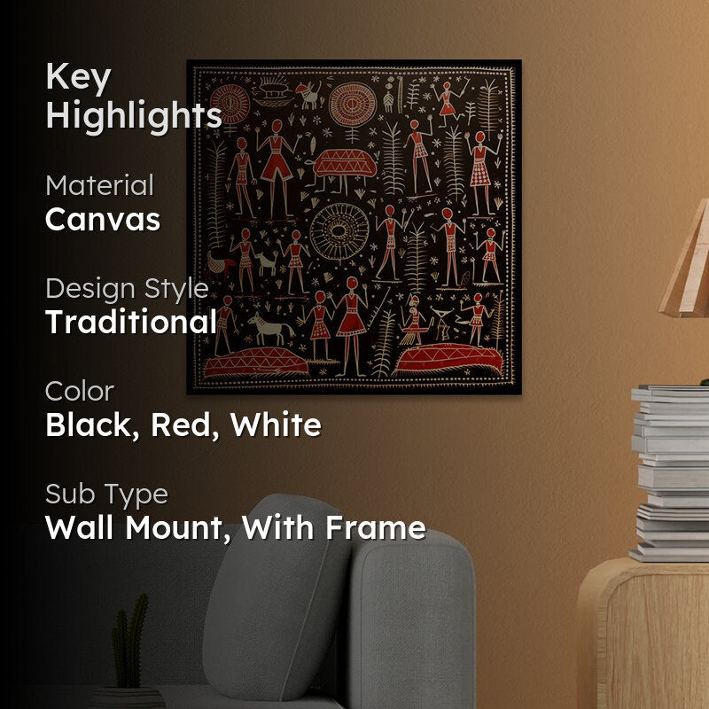 Warli Chaos Canvas Wall Art With Frame media 2