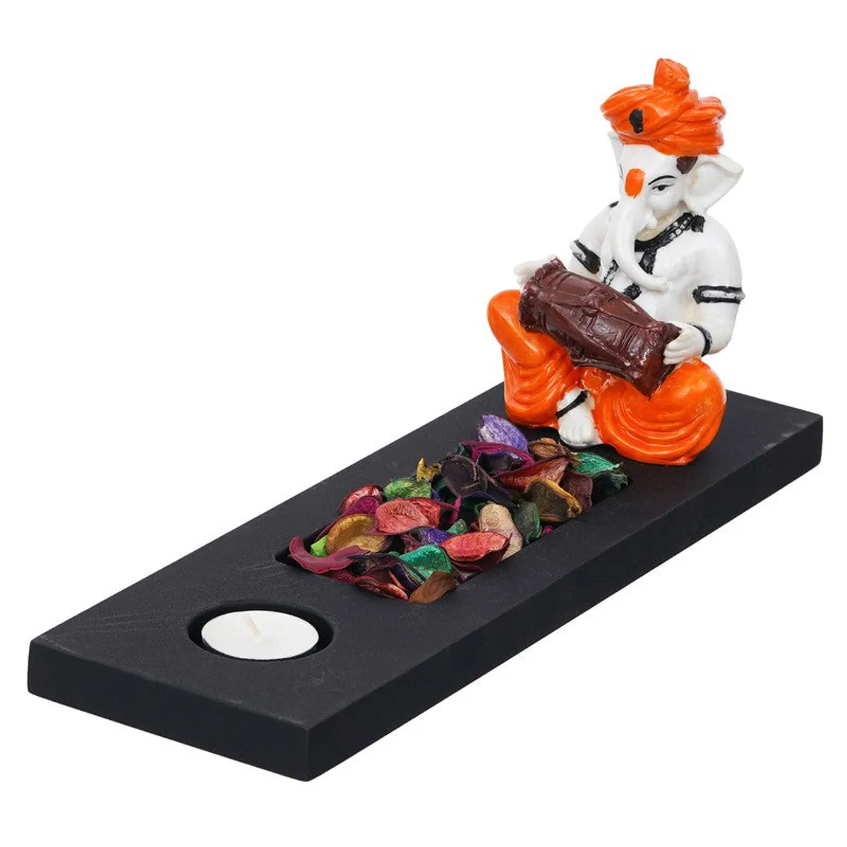Front angled view of Ganesha tea light holder with figurine and tea light slot