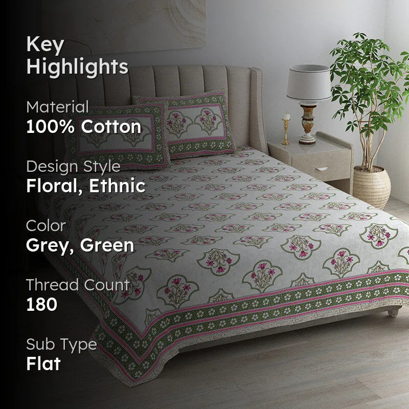 Ishani Cotton Bedsheet (Pink, Green) - 180 TC media 2