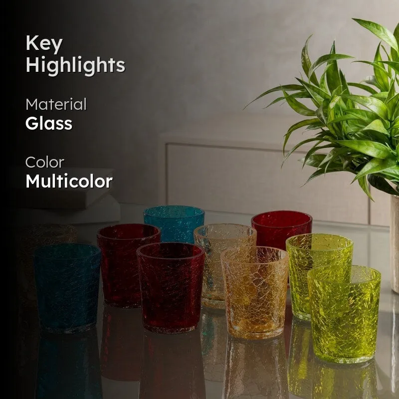 Multicolour crackled glass tealight holders with highlight text overlay