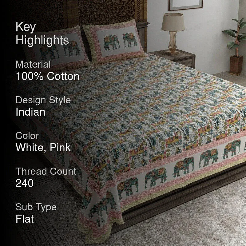 Heritageix Cotton Bedsheet (White,Pink) - 240 TC media 2