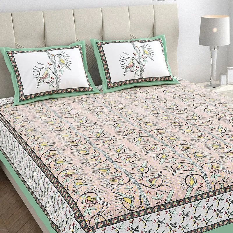 Tara Tranquility Ethnic Cotton Bedsheet (Green & Beige) - 150 TC media 3