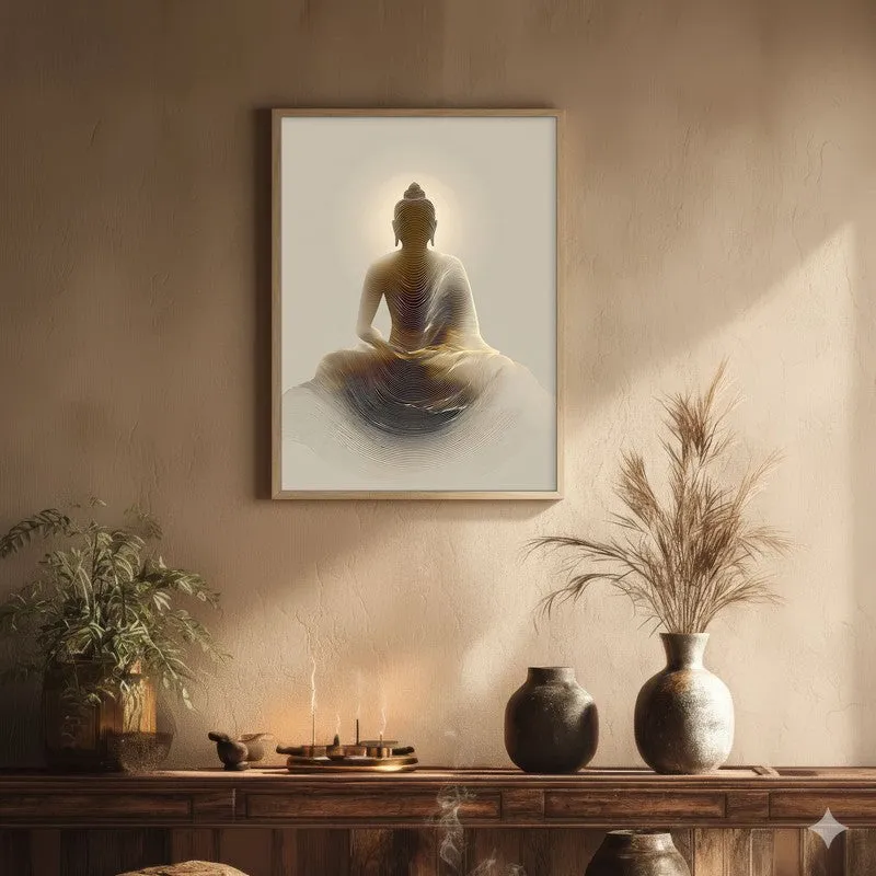 Buddha Seated in Radiance Archival Paper Wall Painting With Brown Frame media 1