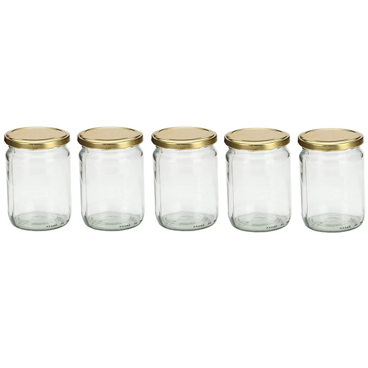 Five transparent glass storage jars with glossy golden lids