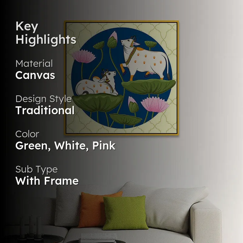 Lotus & Cows Canvas Wall Painting With Frame - Gold media 2