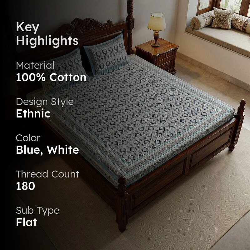 Zane Ethnic Cotton Bedsheet (Blue) - 180 TC media 2