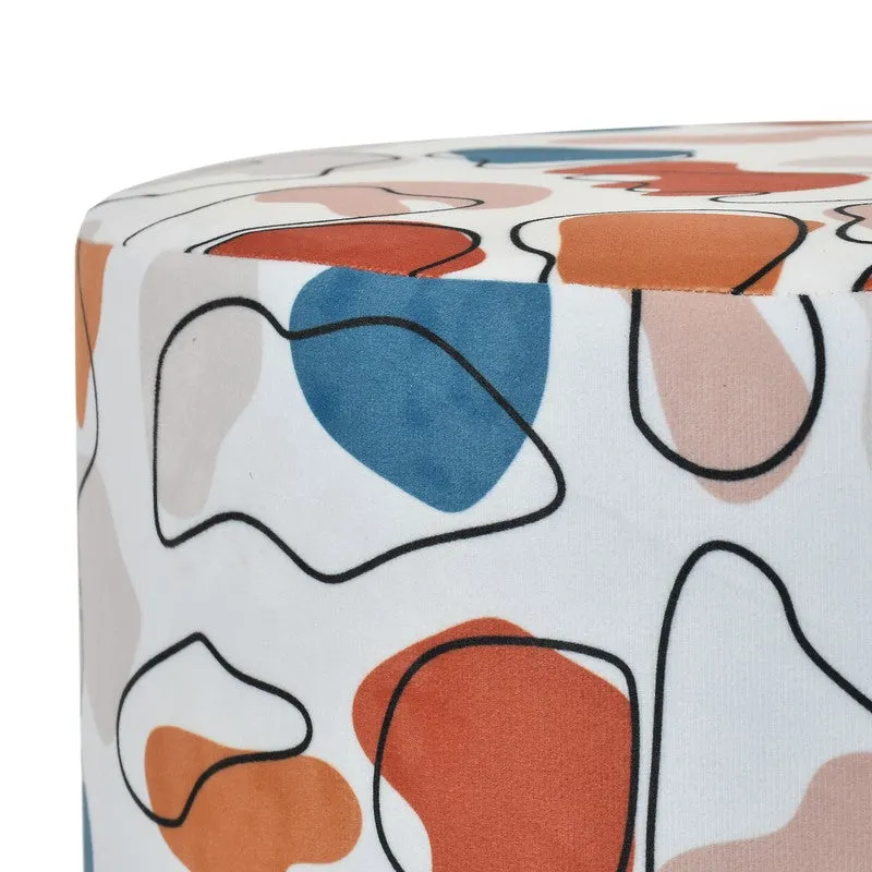 Close-up of the pouffe's abstract multicolour upholstery