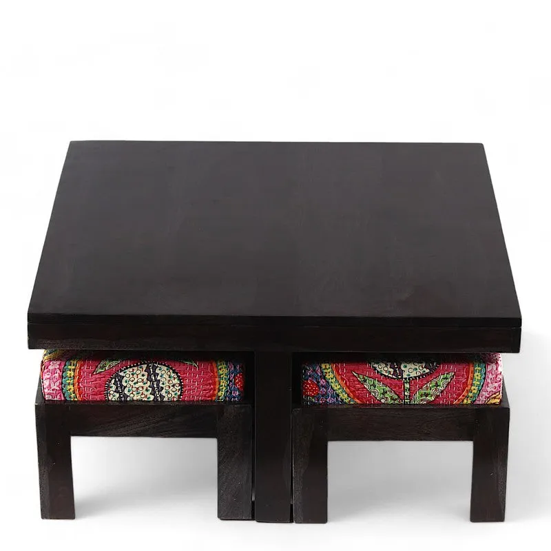 Evrino Sheesham Wooden Center Table with Stools and Cushions (Deep Brown,Multicolor) - Nine Piece Set media 3