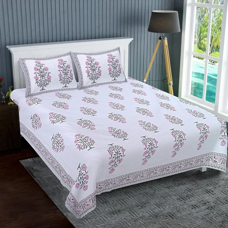 ShahiGuldaan Handblock Printed Cotton Bedsheet (Pink) - 400 TC media 1