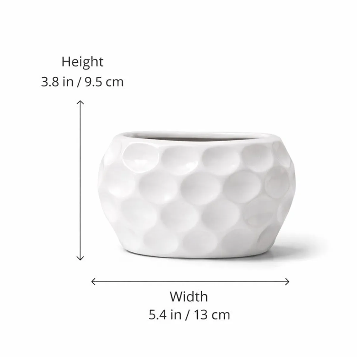White textured ceramic vase shown alone on a plain background with measurement arrows.