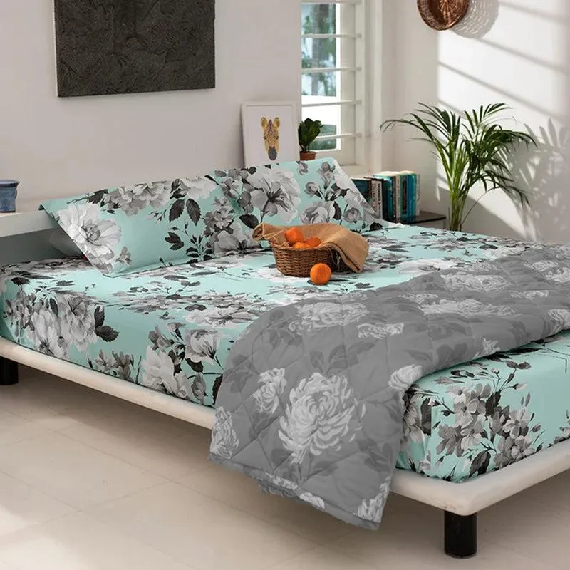 Vintage Rose Lattice Floral Printed Cotton Bedsheet (Green) - 300 TC media 3