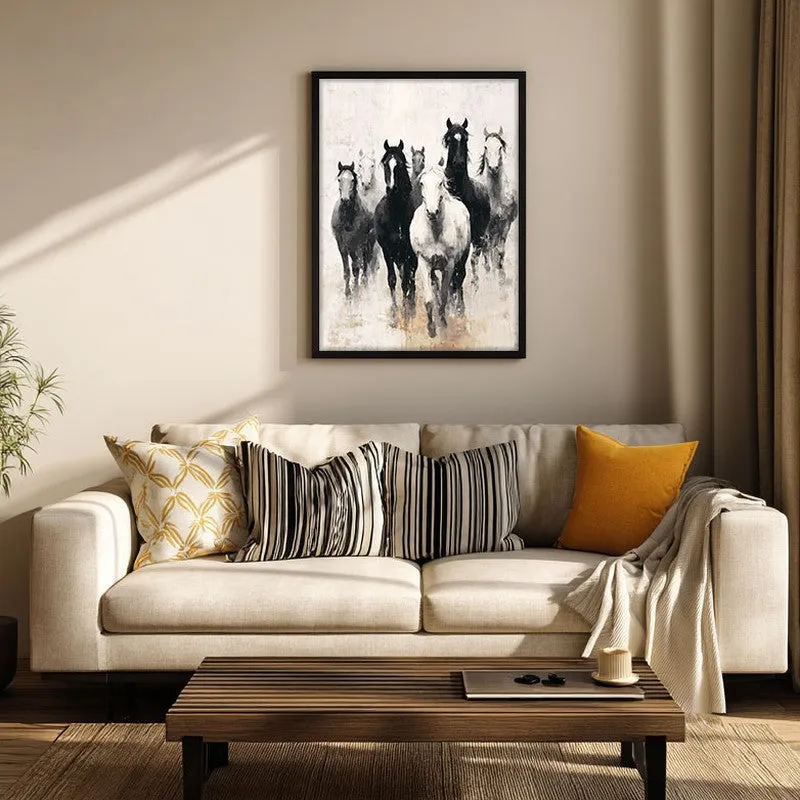 Charcoal Horse Stampede Wall Painting With Black Frame media 5