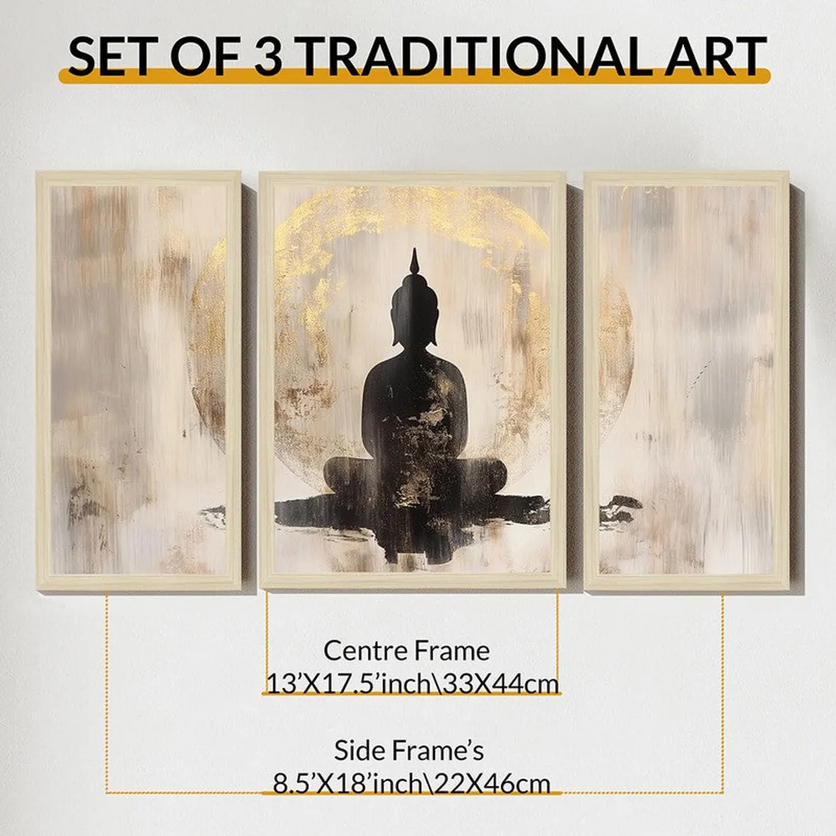 Three framed Buddha wall art panels shown together against a plain wall.