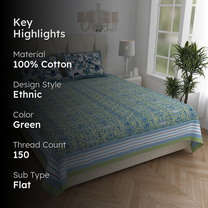 Avani Aura Floral Cotton Bedsheet (Green) - 150 TC media 2