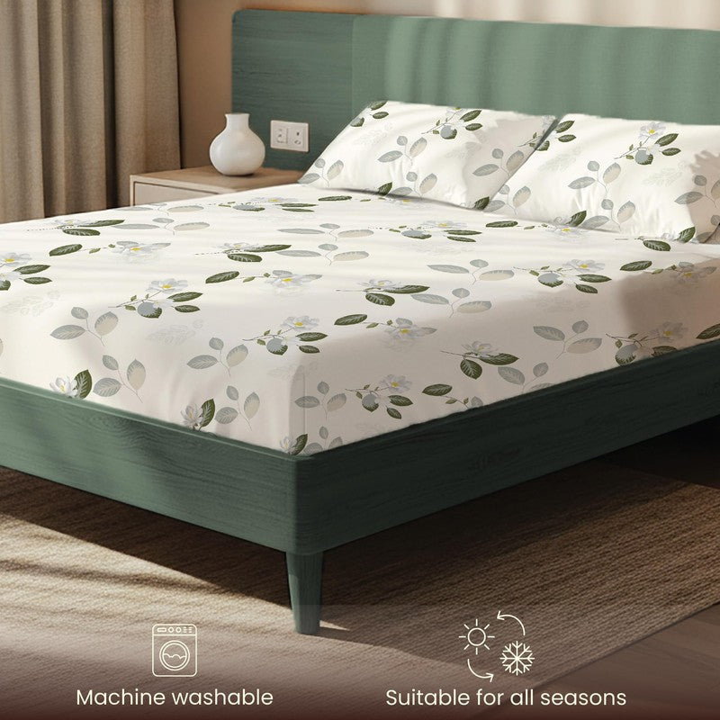 Verdant Garden Floral Cotton Bedsheets (Green & White) - 200 TC media 6