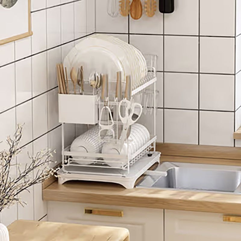Premium White Double Dish Rack with Drainage - Carbon Steel media 5