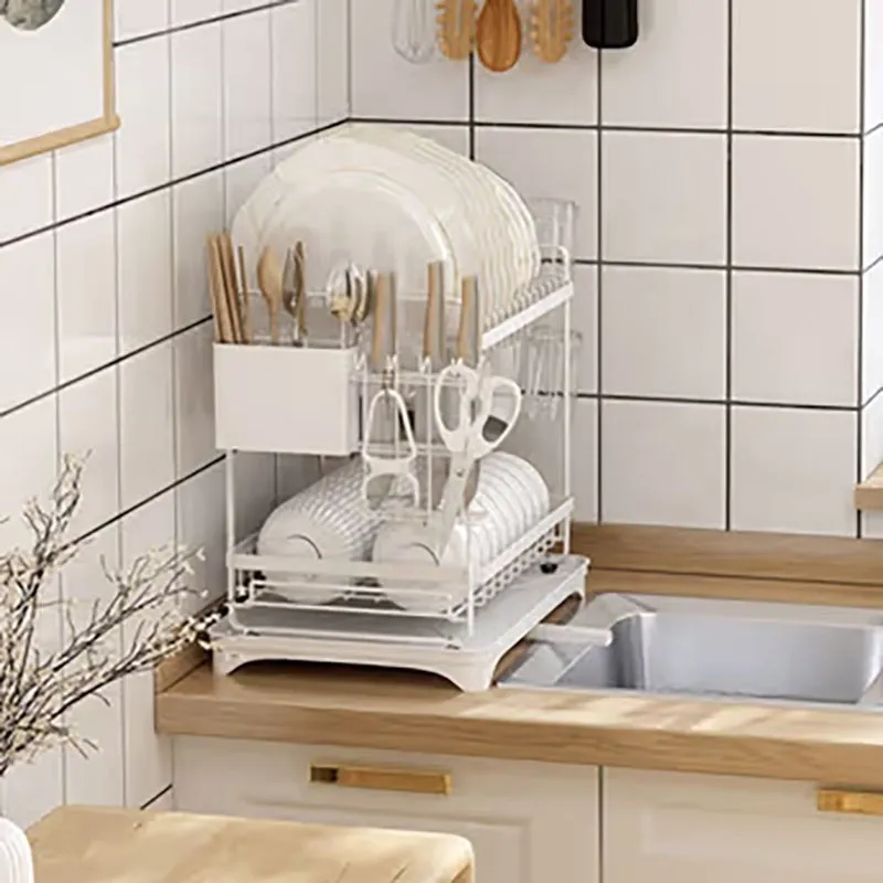 Premium White Double Dish Rack with Drainage - Carbon Steel media 5