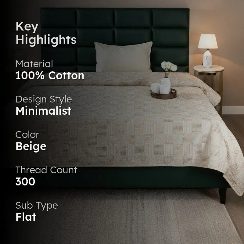 Beige bedsheet on bed with text overlay showing key highlights