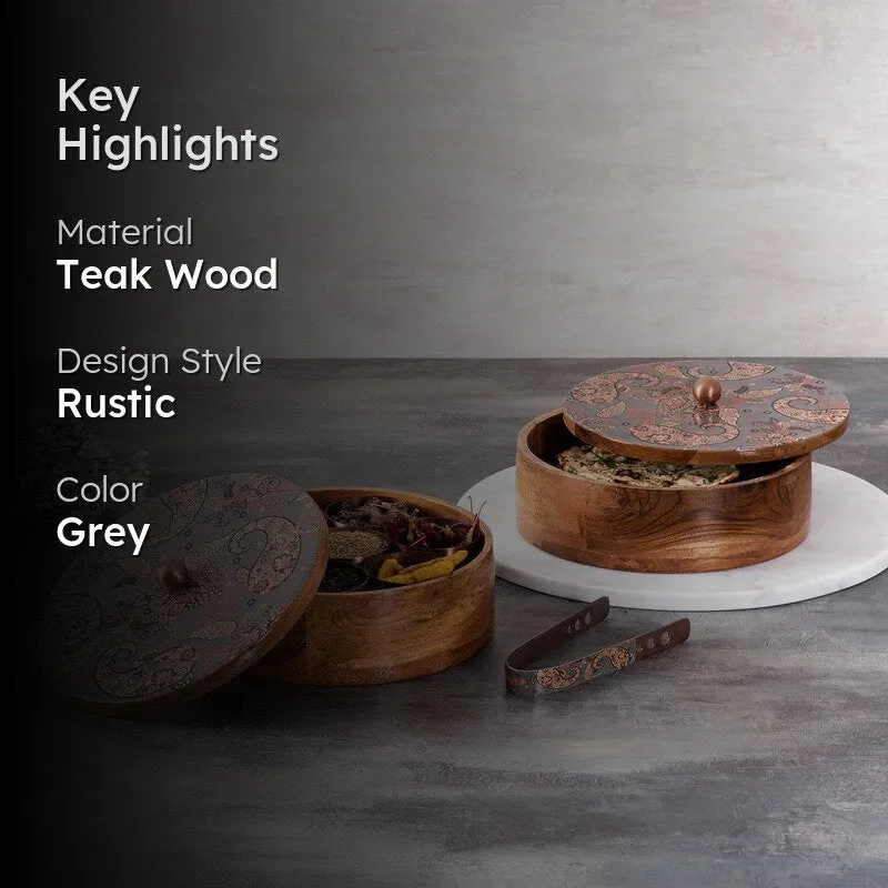 Clayra Teak Wood Round Masala Box - Three Piece Set media 2