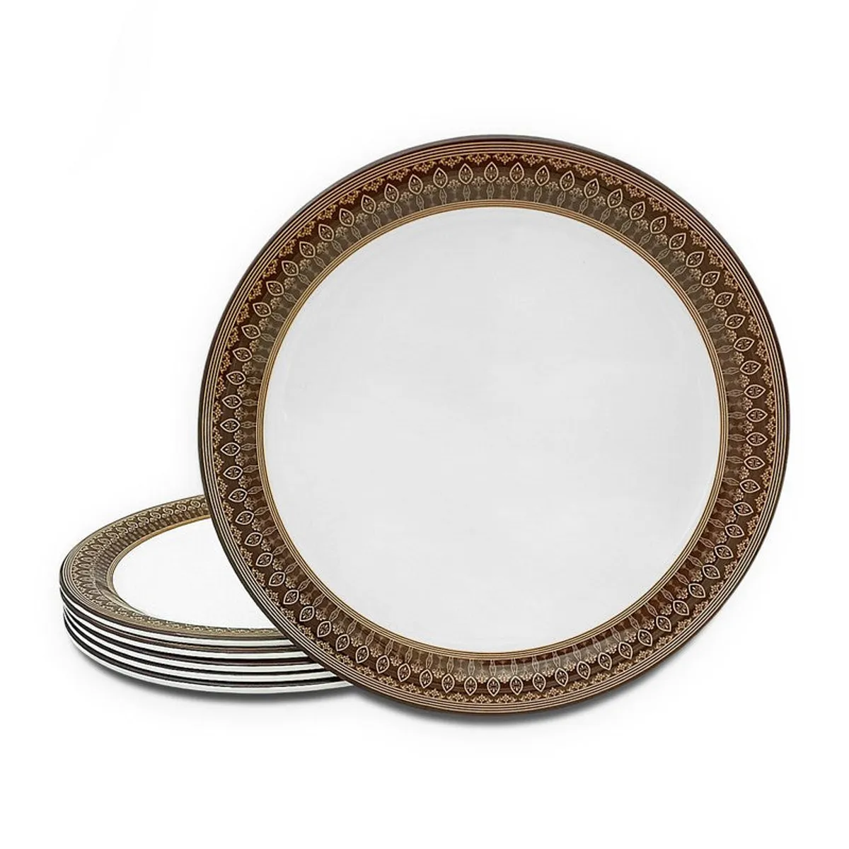 Round white quarter plate with a brown and gold patterned rim displayed beside a stacked set.