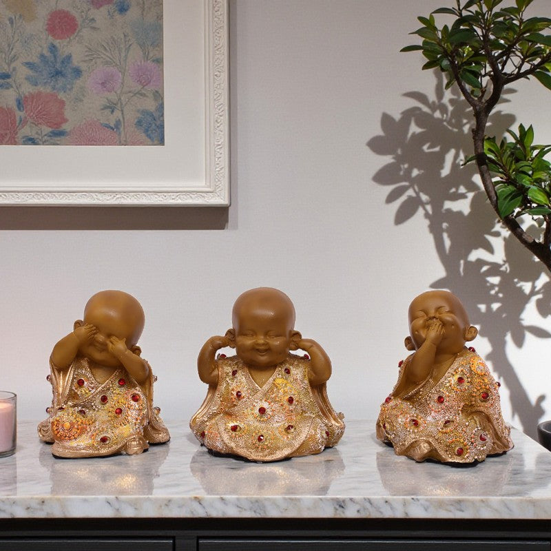 Virtue Laughing Buddha Showpiece (Brown) - Set Of Three