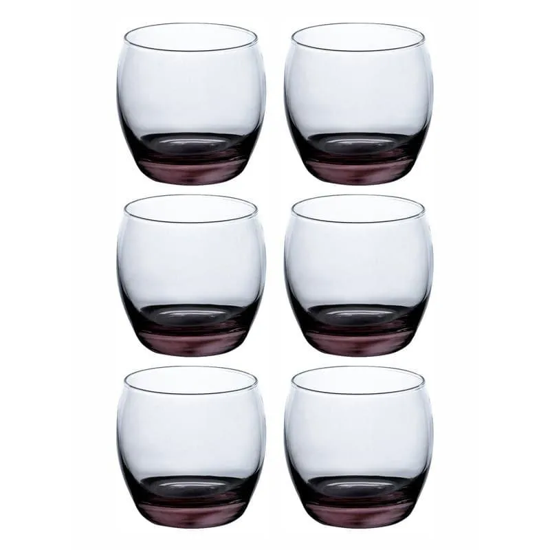 Six clear glass tumblers with soft pink-tinted bases arranged in two columns