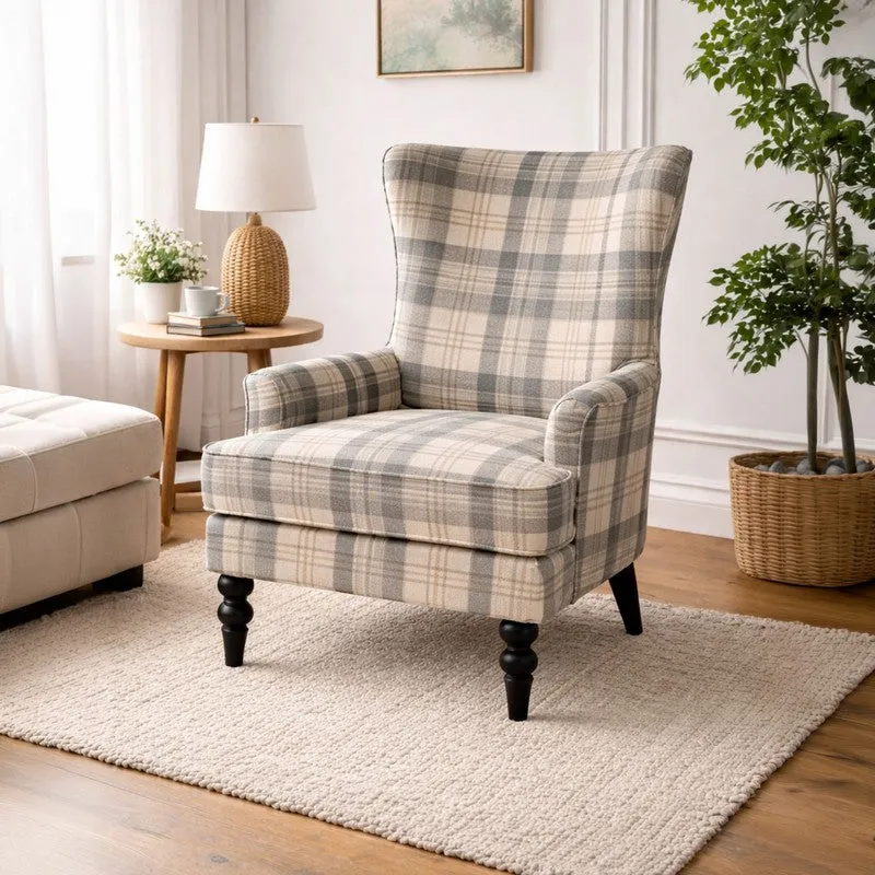 Heritage Check Teak Wood & Velvet Upholstered Lounge Chair media 3