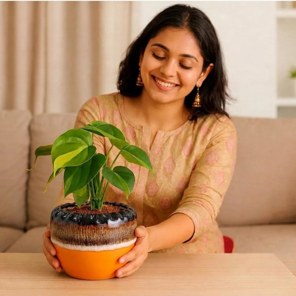 Person holding a colourful round ceramic planter with a leafy green plant.