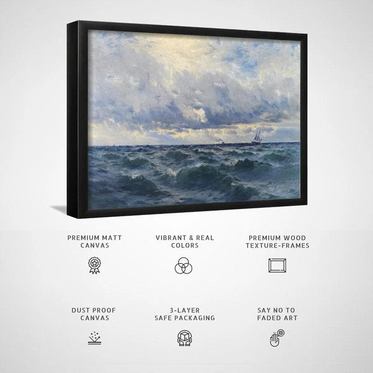 Angled view of black-framed seascape canvas against a white background.