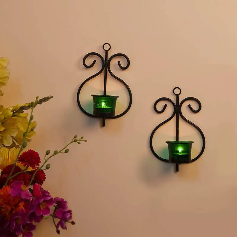 Seina Black Frame Sconce Candle Holder (Green) - Set Of Two media 3