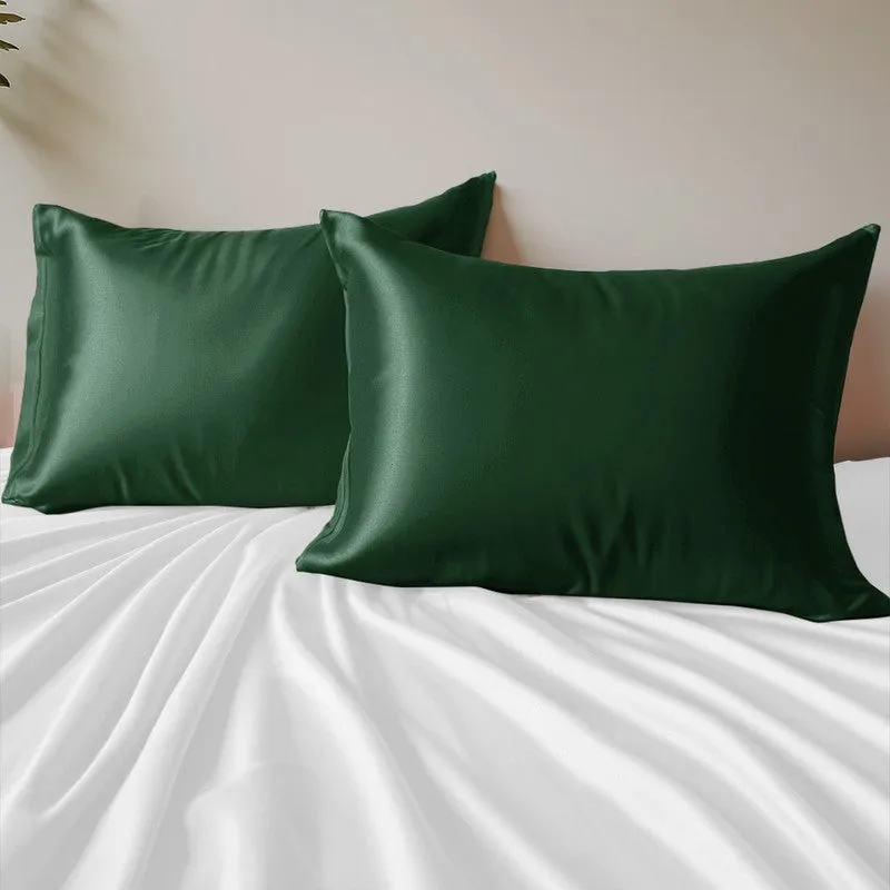 SilkenAura Satin Pillow Cover with a Scrunchy (Green) - Set Of Two media 1